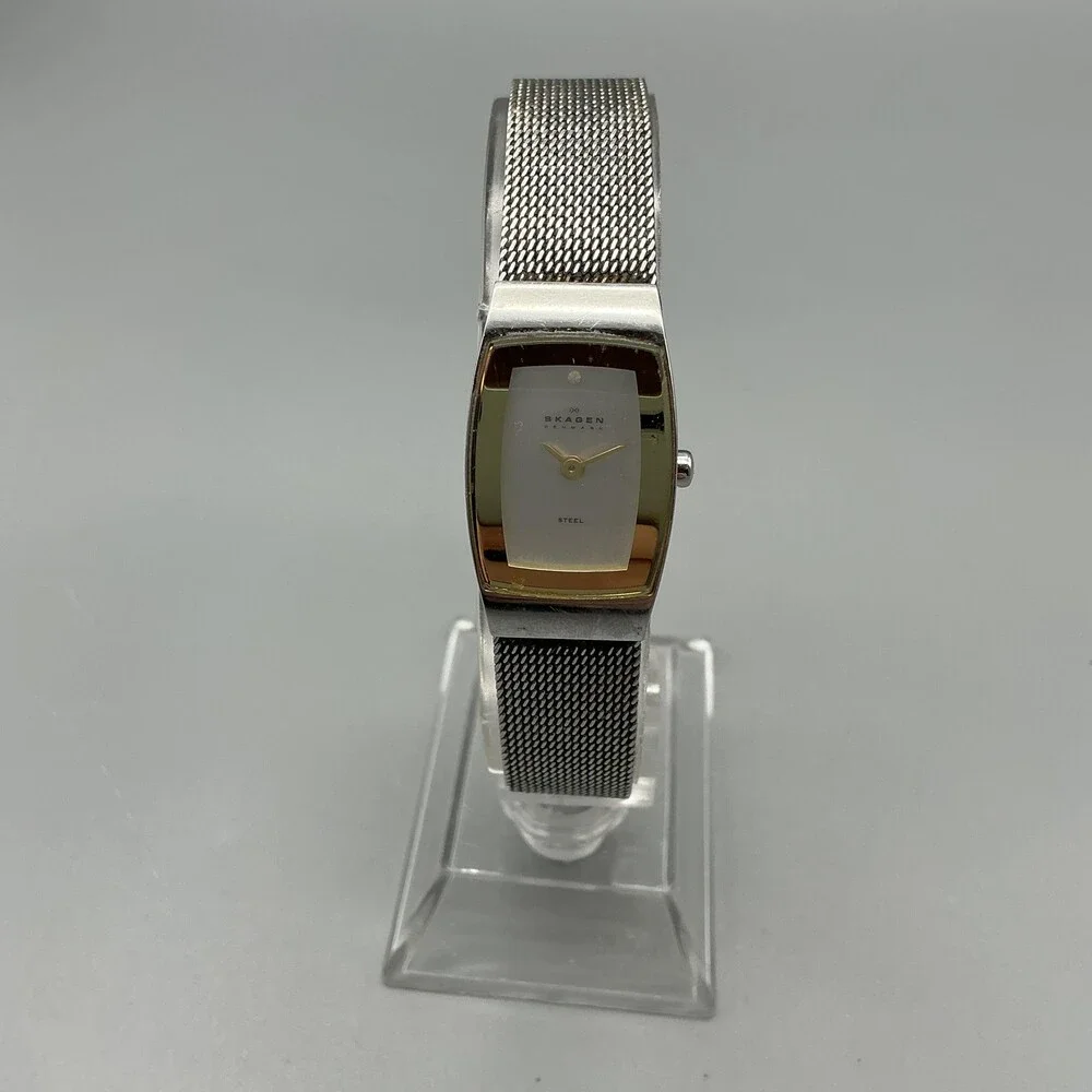 Skagen Womens Watch 16mm Silver Dial Gold Bezel Stainless Mesh New Battery